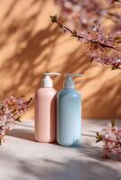 Two pastel-colored bottles, likely lotion or soap, sit on a light beige surface, surrounded by delicate pink cherry blossoms. Soft shadows and sunlight create a warm, spring-like ambiance photo
