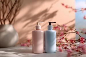 Two pump bottles of lotion, light pink and light blue, sit on a light beige surface. Soft light and shadows, with blossom branches and a vase photo