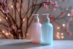 Two bottles of lotion or cleanser, pink and light blue, sit on a marble surface, with bokeh lights and cherry blossom branches in the background photo