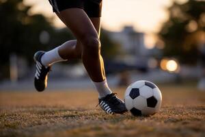 Close-up of a soccer player in action, legs in motion, ball in focus. Sunset light photo