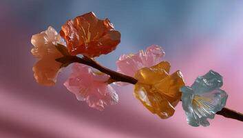 A branch with flowers on it in front of a pink and blue background photo