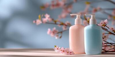 Two pastel-colored pump bottles of lotion or hand soap, positioned on a light surface, with a soft-focus backdrop of delicate pink cherry blossoms and a pale blue background photo