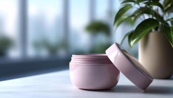 A pink jar with a lid on a table next to a plant photo