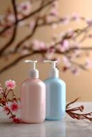 Two pastel-colored pump bottles on a marble surface, with a soft background of cherry blossom branches photo