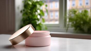 A pink container with a lid on a table photo