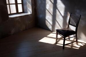 A chair in an empty room with sunlight streaming through the window photo