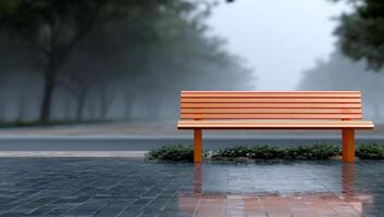 An orange park bench sits on a wet paved path on a foggy day photo