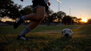 Close-up of a runner in soccer action at sunset photo