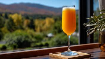 A glass of orange juice sitting on a table in front of a window photo