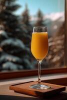 Golden drink in elegant glass, mountain view photo
