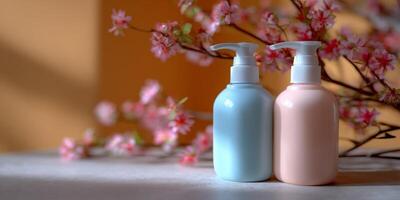 Two pump bottles of lotion, light blue and peach colored, sit on a table with a soft-focus background of pink cherry blossoms photo