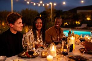 Four friends enjoy a dinner party by a pool at twilight photo