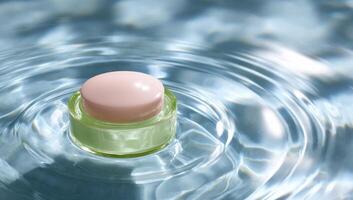 Light-green cosmetic jar floats on rippled water surface photo