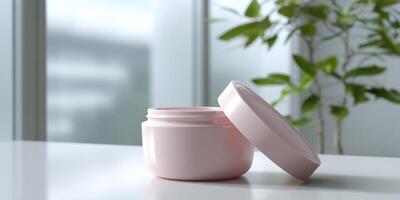 A pink jar with a lid sitting on a table photo