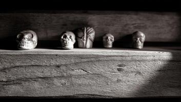Miniature skulls on a rustic shelf photo