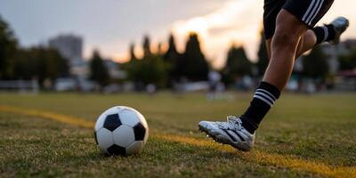Soccer player kicking a ball on a grassy field at sunset photo
