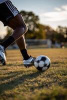 Close-up of soccer player's legs and foot kicking a soccer ball on a grassy field photo