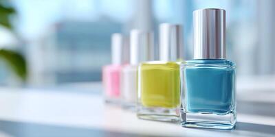 Colorful nail polish bottles in glass containers photo