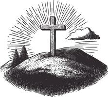 Vintage Style Cross on Hill with Rays and Clouds in Black and White vector