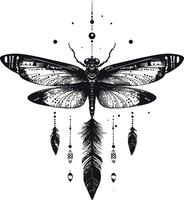 Intricate Black and White Butterfly Design with Geometric Elements and Feathers vector