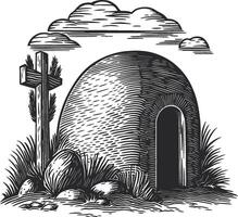 Rustic Tomb with Cross and Surrounding Landscape in Black and White Art vector