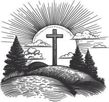 Cross at Sunrise with Trees and Clouds in Detailed Illustration vector