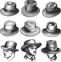 Vintage Hat Illustrations in Various Styles and Perspectives vector