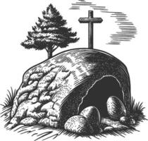 Illustration of a Rock Cave with Cross, Tree, and Eggs in Vintage Style vector