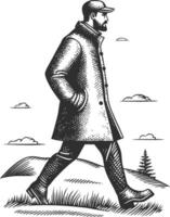 Vintage Illustration of a Man Walking in Nature with Stylish Coat vector