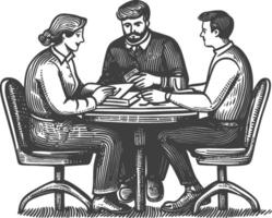 Engaging Discussion at Round Table with Three Individuals in Vintage Style vector