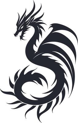 Intricate Black Dragon Illustration with Stylized Features and Detail
