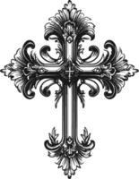 Ornate Vintage Cross Design with Intricate Floral Elements in Black vector