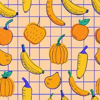 Cute Fruit and Vegetable Pattern on Grid Background vector