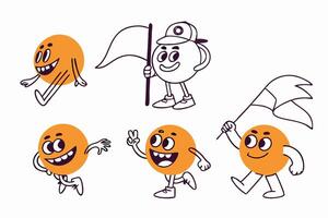 Five Cute Orange Circle Characters with Flags and Peace Sign vector