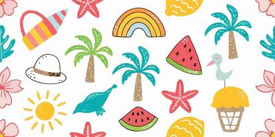 Summer Tropical Pattern Palm Trees, Watermelon, Beach Hat, Rainbow vector