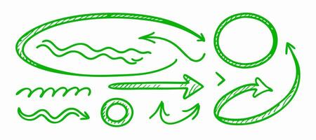 Hand Drawn Green Arrows and Shapes Doodle Design Elements vector