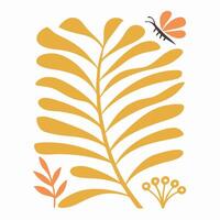 Abstract Mustard Yellow Leaf Print with Butterfly vector