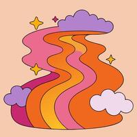 Groovy Retro Rainbow Background 70s Style Waves, Clouds, Stars vector