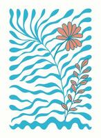Abstract Floral Illustration Teal Wave Background with Coral Flowers vector