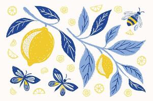 Lemons Branch with Butterflies and Bee Illustration vector