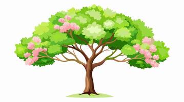 Large Green Tree with Pink Blossoms, Spring Tree Illustration vector