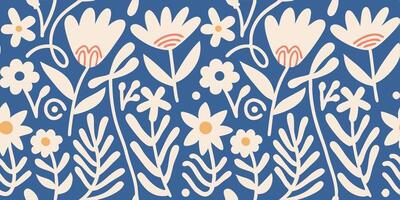 Seamless Pattern Blue Background with Cream Flowers and Leaves vector