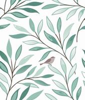 Seamless Teal Leaf Pattern with Bird Botanical Illustration vector