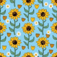 Sunflower and Daisy Seamless Pattern Light Blue Background vector