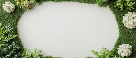 Lush Greenery Frame. Assorted Plants Surround White Space. Garden Decoration Elements. Ferns, Hydrangeas, Green Border. Gardening Concept. photo