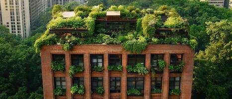 Building facade covered with green plants. Gardening on building roof and balconies with lush foliage. City structure with urban greenery. photo