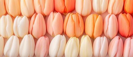 Garden tulips aligned in rows. Pastel colors of orange, pink, and white. Close up view with soft light. Spring flowers background. photo
