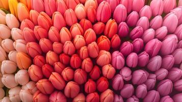Close Up on Many Colorful Tulips in Rows. Gradient Colors from White to Dark Pink. Gardening Concept. photo