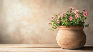 Pink Flowers Bloom Inside Clay Pot Sitting on Wooden Surface Against Soft Painted Backdrop. Suitable for Gardening. photo