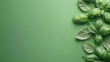 Fresh green basil leaves lie on green surface. Gardening concept background. Herb plants lie on plain light green scene. photo